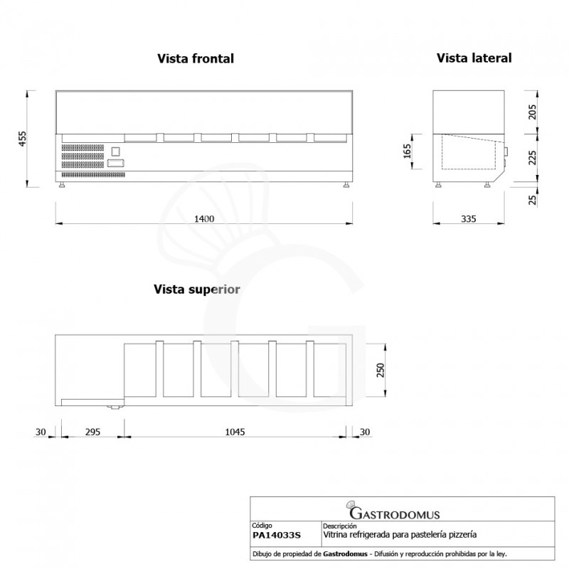 Vitrina Refrigerada horizontal para pizzería con motor a la izquierda, 1400 mm de longitud, Capacidad 6 cubetas GN1/4
