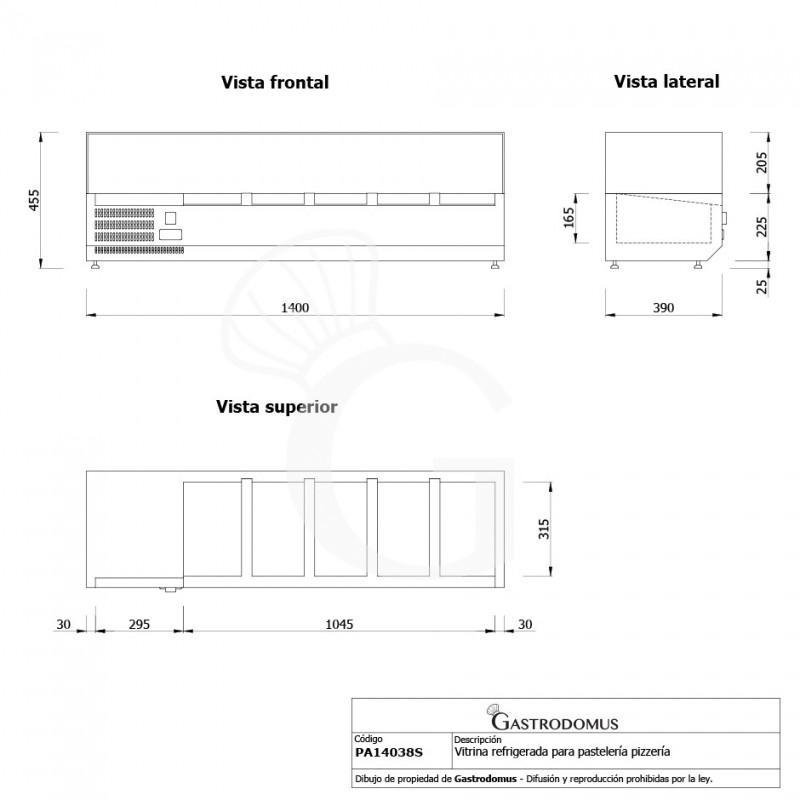 Vitrina Refrigerada horizontal con motor a la izquierda, longitud 1400 mm, Capacidad 4 Cubetas GN1/3 + 1 Cubeta GN1/2