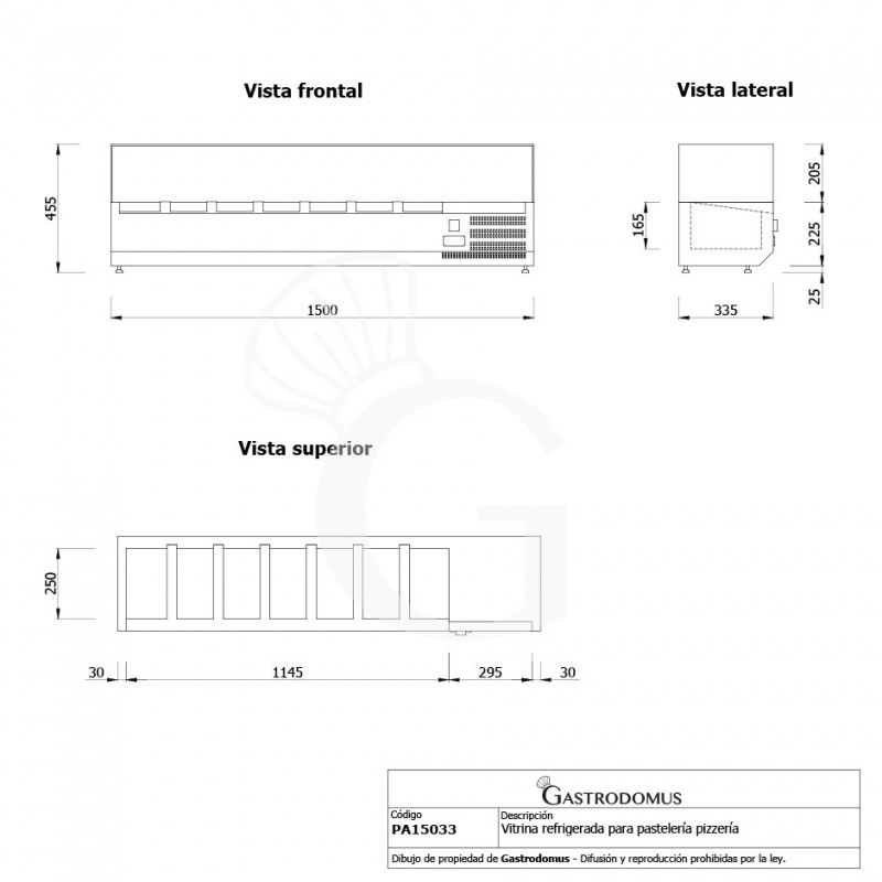 Vitrina Refrigerada horizontal, longitud 1500 mm, Capacidad 7 Cubetas GN1/4