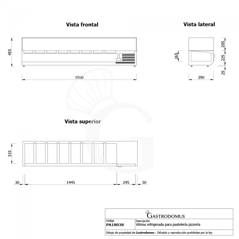 Vitrina Refrigerada para pizzería, Longitud 1800 mm, Capacidad 8 Cubetas GN1/3