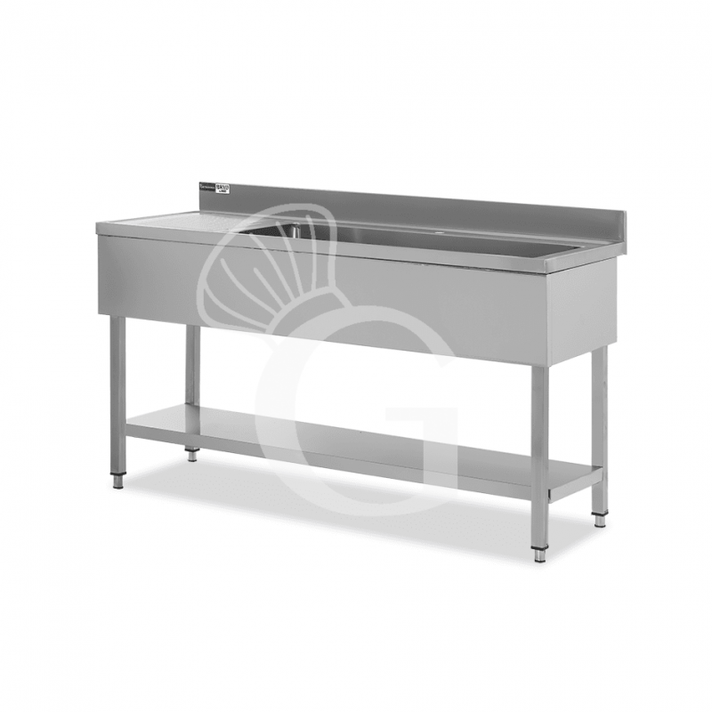 Fregadero inox 1 cubeta y escurridor a la izquierda, estante y peto L1600mmxP600mmxA965mm-agujero para el grifo Ø 32 mm