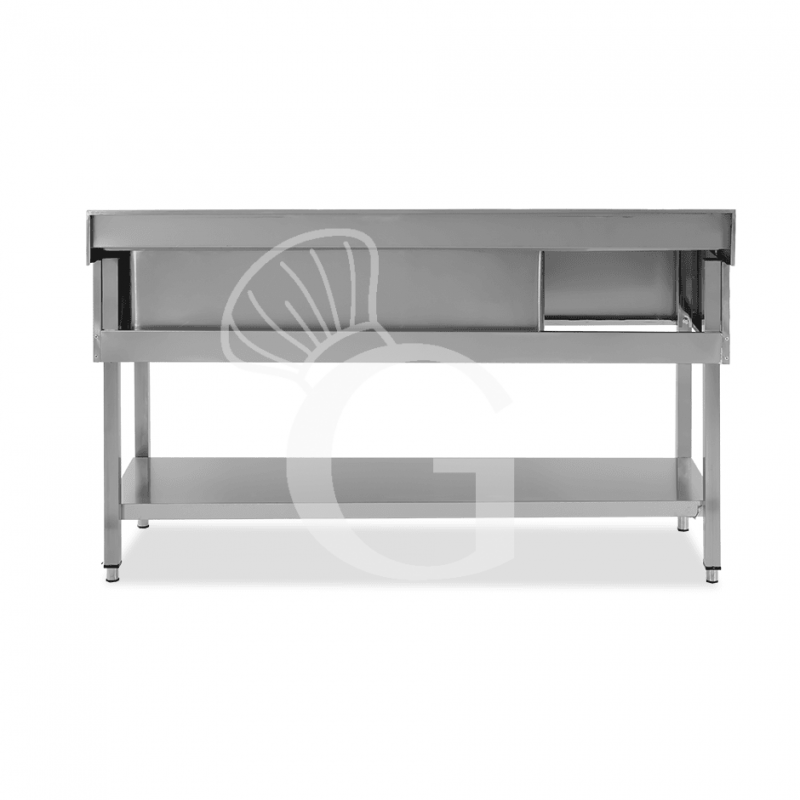 Fregadero inox 1 cubeta y escurridor a la izquierda, estante y peto L1600mmxP600mmxA965mm-agujero para el grifo Ø 32 mm