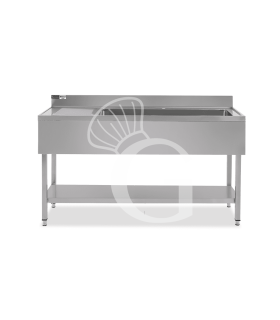 Fregadero inox 1 cubeta y escurridor a la izquierda, estante y peto L1600mmxP600mmxA965mm-agujero para el grifo Ø 32 mm