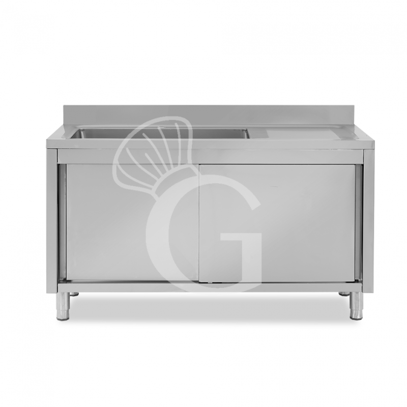 Fregadero con mueble 2 puertas correderas, cubeta, escurridor a la derecha y peto L1500mmxP600mmxA965mm