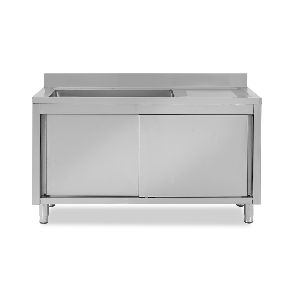 Fregadero con mueble 2 puertas correderas, cubeta, escurridor a la derecha y peto L1500mmxP600mmxA965mm