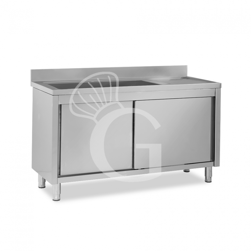 Fregadero con mueble 2 puertas correderas, cubeta, escurridor a la derecha y peto L1500mmxP600mmxA965mm
