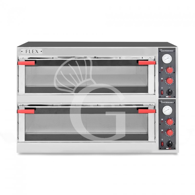 Horno eléctrico con puerta de vidrio 6 Moldes de 600X400 o 12 Pizzas diámetro 350 mm 2 Cámaras Control mecánico