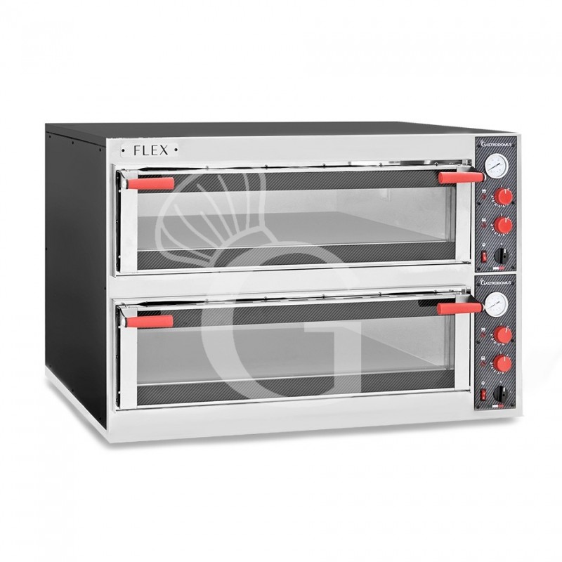 Horno eléctrico con puerta de vidrio 6 Moldes de 600X400 o 12 Pizzas diámetro 350 mm 2 Cámaras Control mecánico
