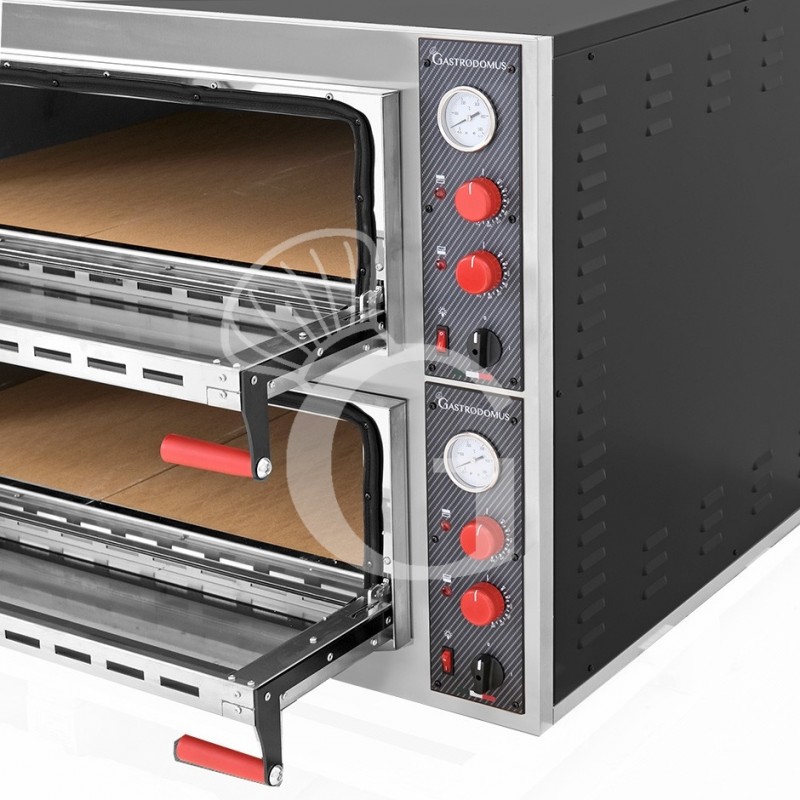 Horno eléctrico con puerta de vidrio 6 Moldes de 600X400 o 12 Pizzas diámetro 350 mm 2 Cámaras Control mecánico