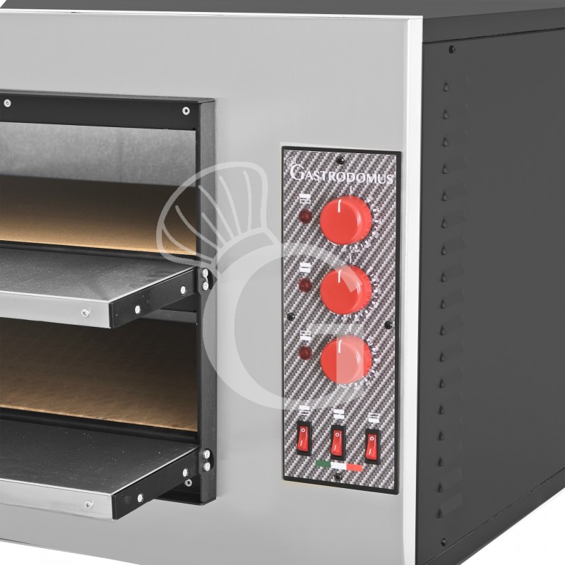 Horno pequeño eléctrico 2 Pizzas diámetro 450 MM 2 Cámaras Control mecánico Temperatura 455°C potencia 7,5 Kw