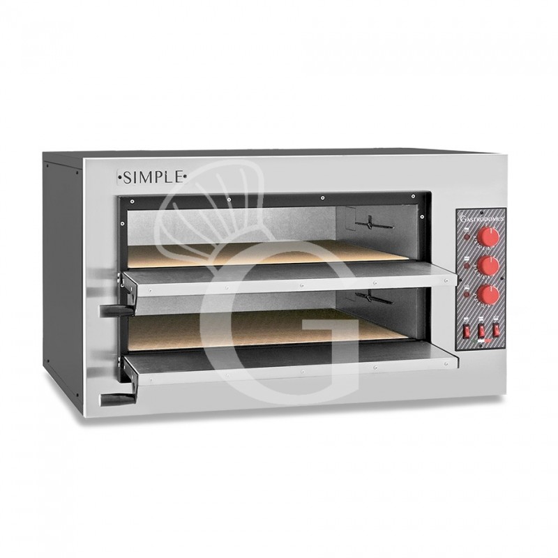 Horno pequeño eléctrico 2 Pizzas diámetro 450 MM 2 Cámaras Control mecánico Temperatura 455°C potencia 7,5 Kw