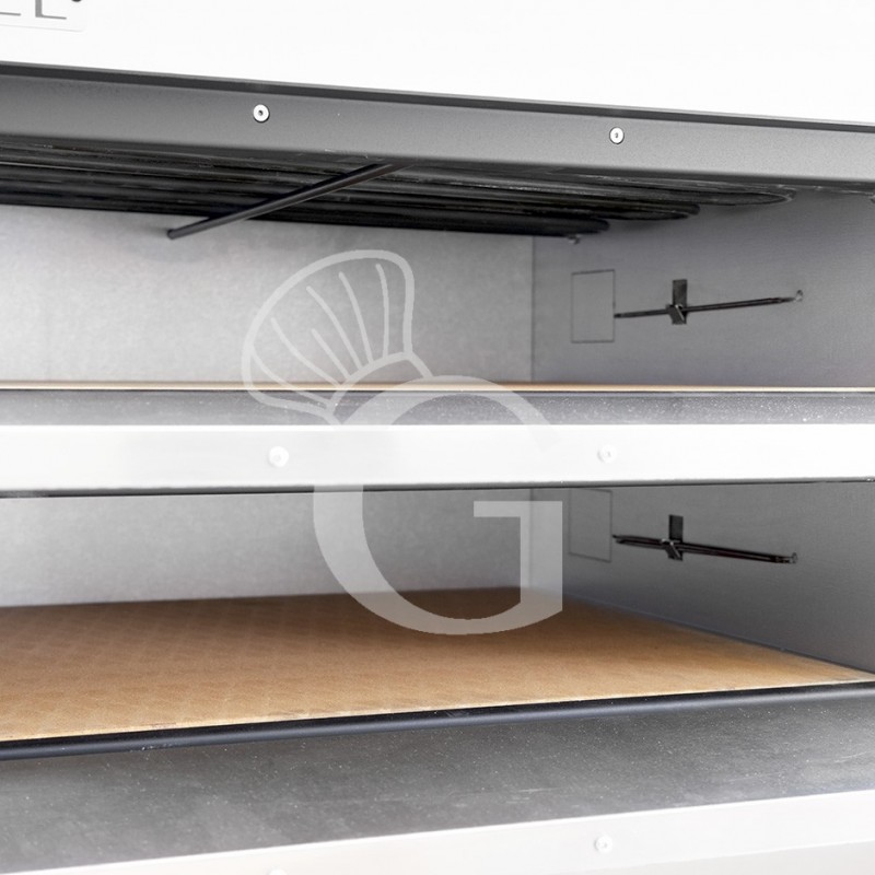 Horno pequeño eléctrico 2 Pizzas diámetro 450 MM 2 Cámaras Control mecánico Temperatura 455°C potencia 7,5 Kw