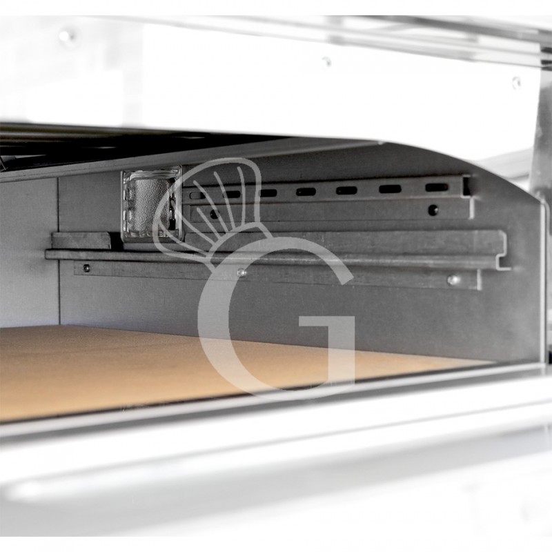 Horno pequeño eléctrico 2 pizzas diámetro 450 mm 2 cámaras 8 Kw puerta de vidrio con luz guías para insertar bandejas