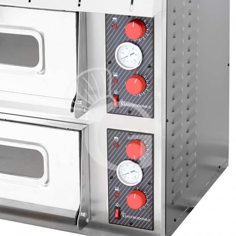 Horno pequeño eléctrico 2 pizzas diámetro 450 mm 2 cámaras 8 Kw puerta de vidrio con luz guías para insertar bandejas