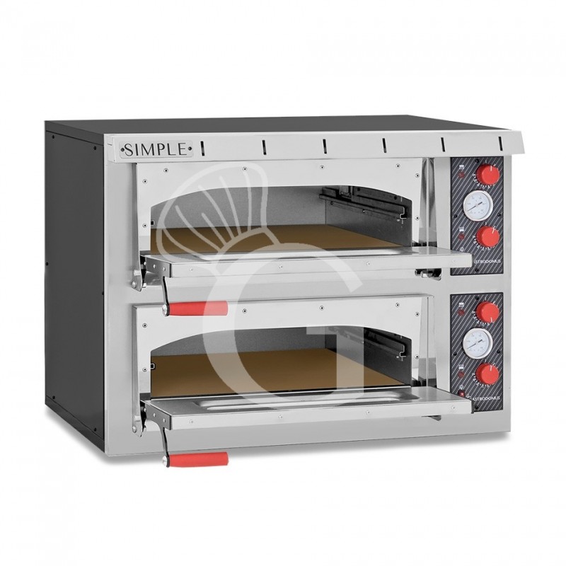 Horno pequeño eléctrico 2 pizzas diámetro 450 mm 2 cámaras 8 Kw puerta de vidrio con luz guías para insertar bandejas