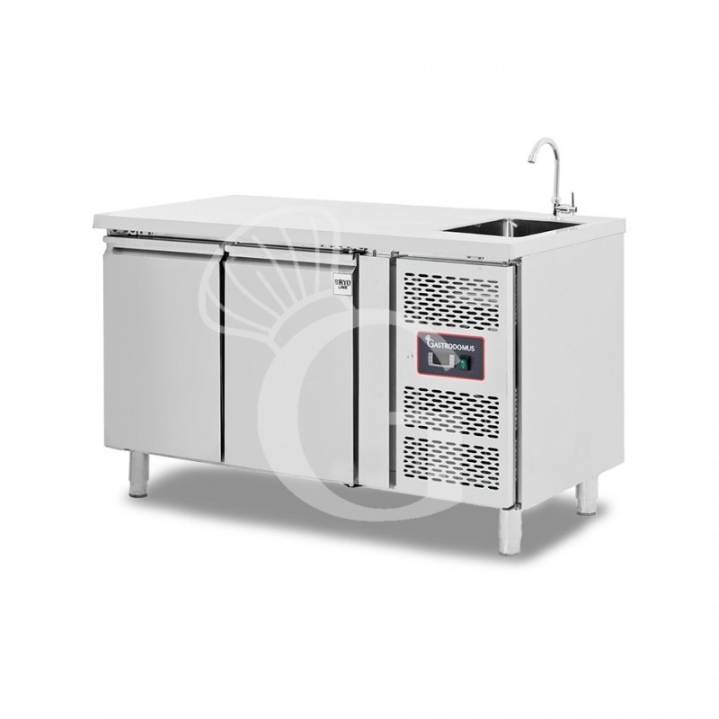 Mesa refrigerada 2 puertas con fregadero y grifo, 700 mm de profundidad +2°C/+8°C motor a la derecha