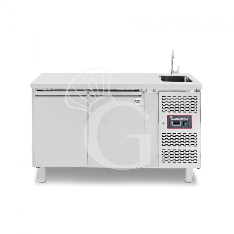 Mesa refrigerada 2 puertas con fregadero y grifo, 700 mm de profundidad +2°C/+8°C motor a la derecha
