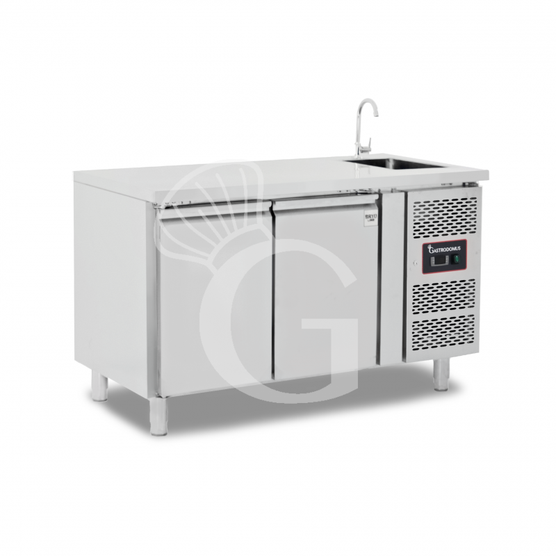 Mesa refrigerada 2 puertas con fregadero y grifo, 700 mm de profundidad +2°C/+8°C motor a la derecha