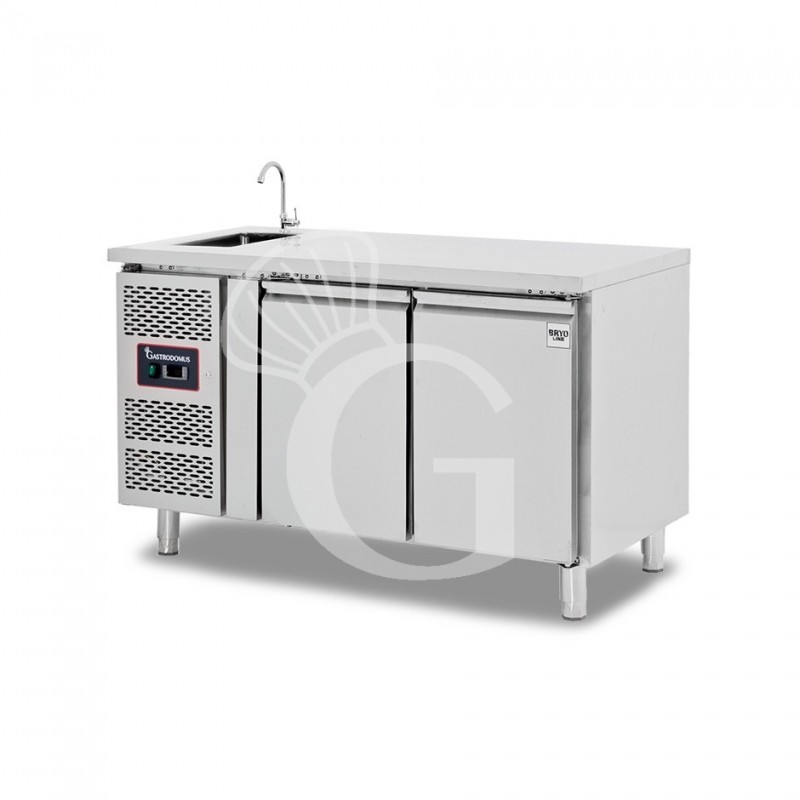 Mesa refrigerada 2 puertas con fregadero y grifo, 700 mm de profundidad +2°C/+8°C motor a la izquierda