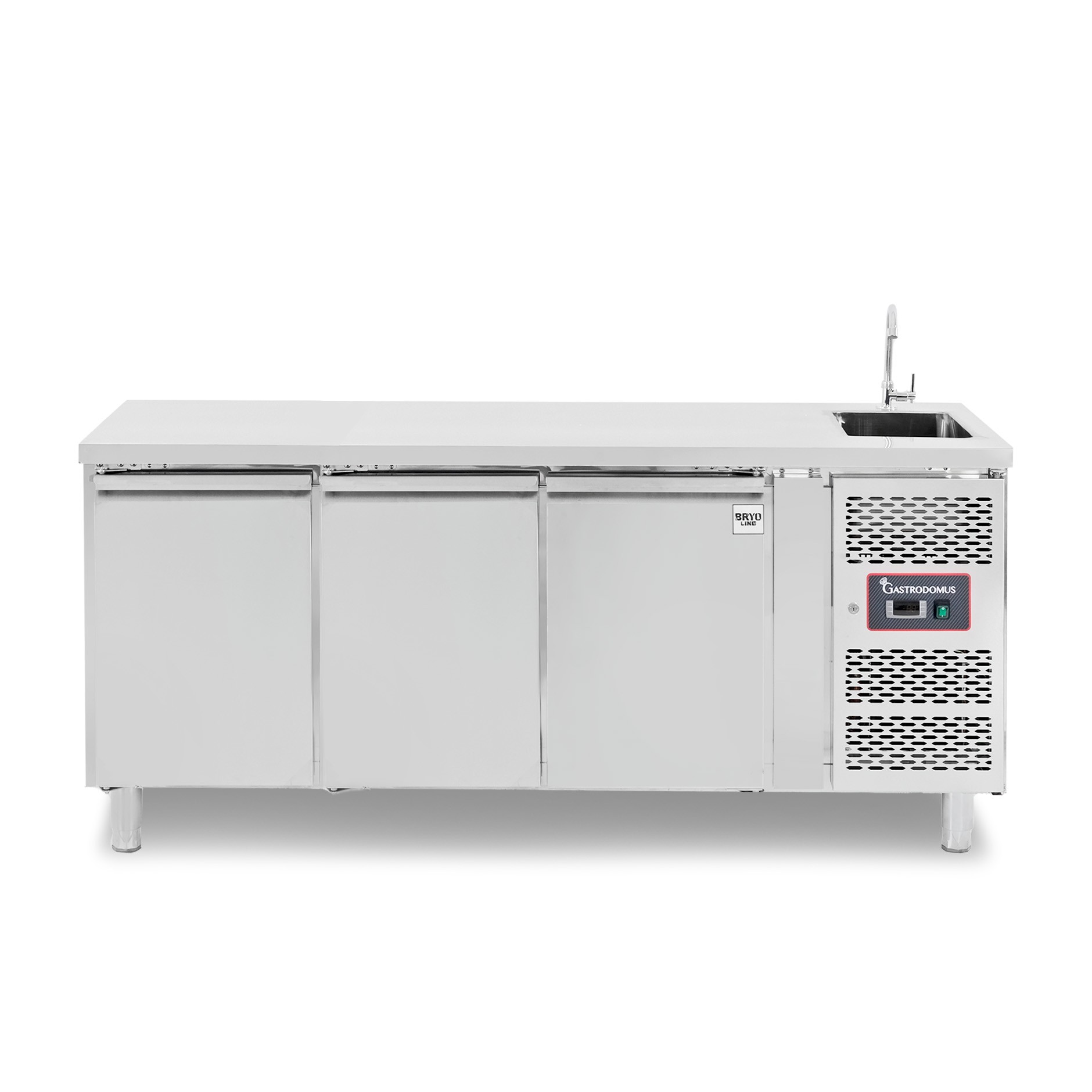 Mesa refrigerada 3 puertas con fregadero y grifo, 700 mm de profundidad +2°C/+8°C motor a la derecha
