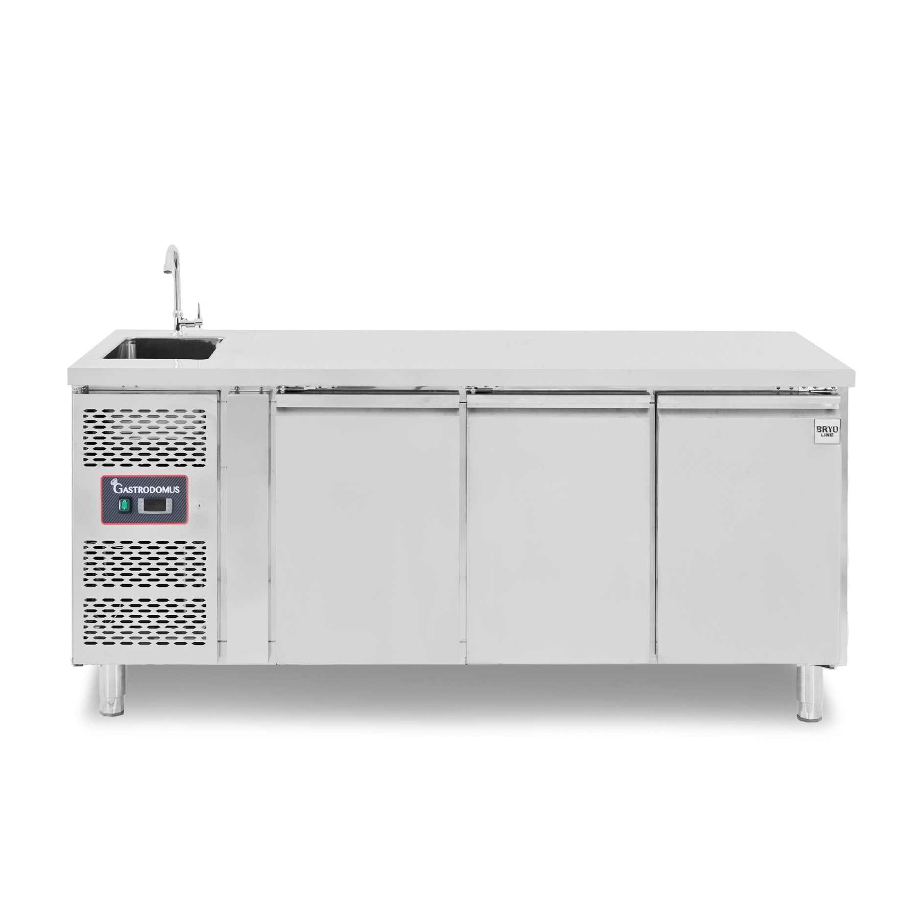 Mesa refrigerada 3 puertas con fregadero y grifo, P 700 mm +2°C/+8°C motor a la izquierda, clase de eficiencia energética B
