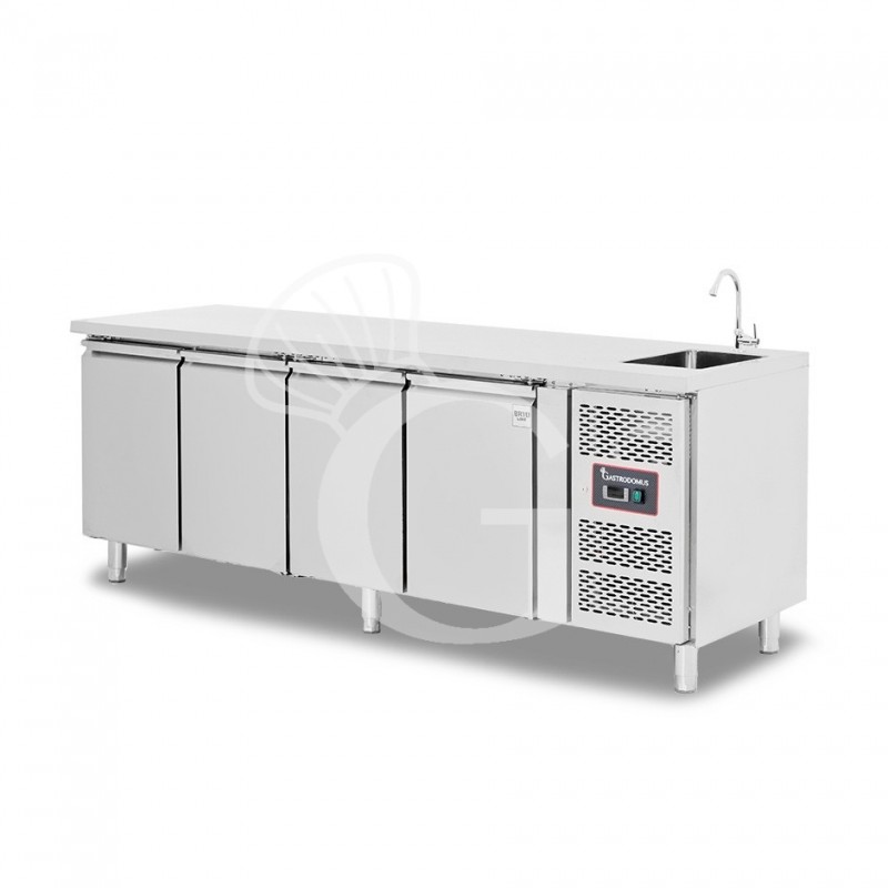Mesa refrigerada 4 puertas con fregadero y grifo, 700 mm de profundidad +2°C/+8°C motor a la derecha